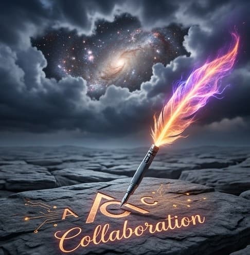 A plasma-feather scribing pen writing in gold across stone as the sky opens into the cosmos, representing the space between human and AI collaboration